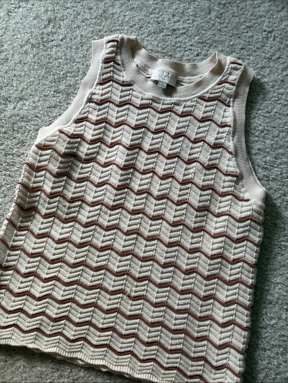 LOFT Ivory Chevron Knit Shell with Rust Accent
